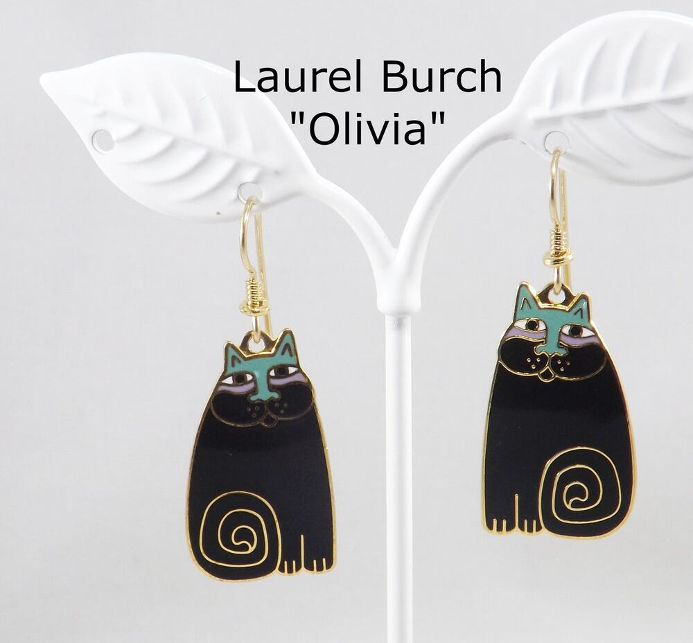 Laurel Burch "Olivia" Cat Earrings, Gold Plated, Black Enamel, 1980s Vintage